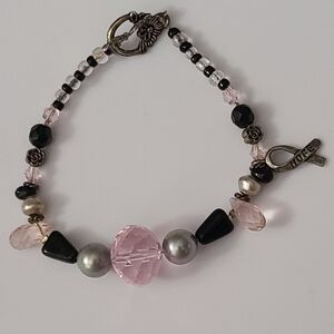925 Hope Breast Cancer Glass Onyx Pearls Beaded Bracelet Sterling Toggle Vintage
